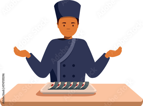 Professional sushi chef showcasing a platter of freshly prepared maki rolls, highlighting japanese culinary expertise