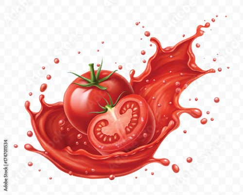 abstract 3d red tomato juice or ketchup sauce splashes in different style isolated on transparent background