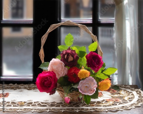 Still life with backet of garden roses