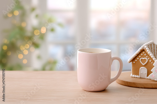 Pink Coffee Mug and Gingerbread House in Office Setting, Christmas Greeting Card