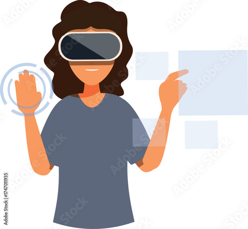 Woman using vr headset is interacting with digital interface, exploring metaverse