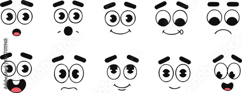 Retro 30s cartoon mascot characters. Funny face expressions with varied comic emotions surprise, anger and joy love, silliness. Vintage elements for stickers, comics and games, kids apps. Vector set
