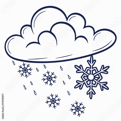 Dark blue outline cloud raining snowflakes and raindrops