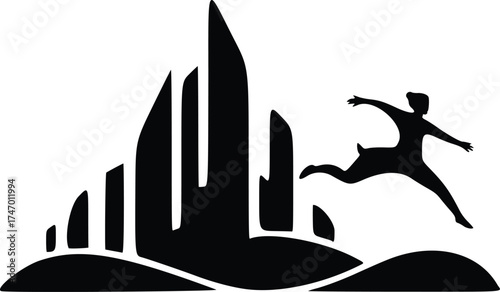 Vector art of a man's silhouette on a bridge with a dark urban skyline and city architecture