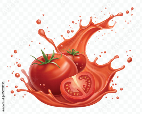 abstract 3d red tomato juice or ketchup sauce splashes in different style isolated on transparent background