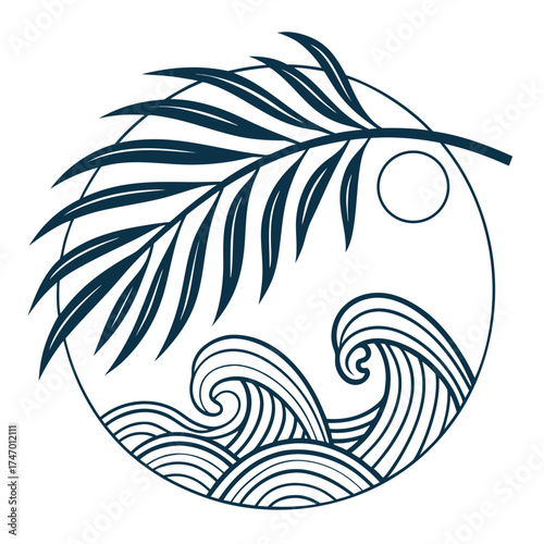 Dark blue palm leaf and waves icon on white ocean water