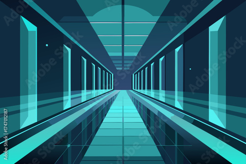 Futuristic Glass Corridor with Glowing Lights Illustration
