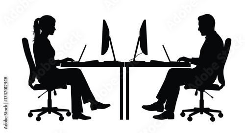 Two people working at desks with computers in a silhouetted style