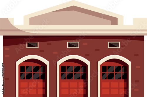 Illustration of a fire station building with three large red garage doors, brick walls, and a pitched roof