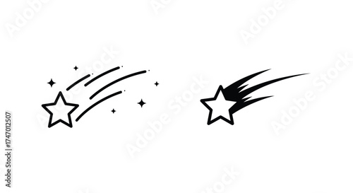 Simple black and white illustration of two shooting stars with sparkles