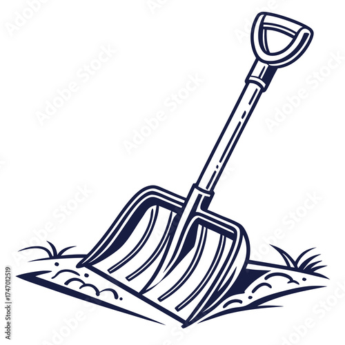 Dark blue shovel stuck in ground with grass snow shovel
