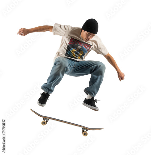 Young man in beanie and graphic tee performing a skateboarding jump in mid-air.Isolated transparent background ( cut-out PNG file ).