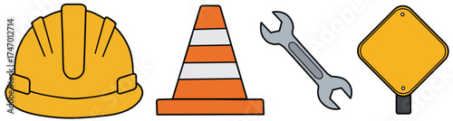 Construction graphic pack including road cone, wrench, hard hat and sign; flat style