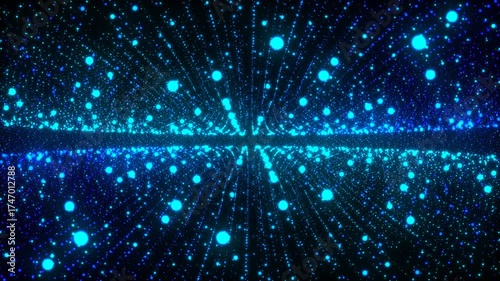 Neon animated blue background frame with glowing lines. Plexus of dots and stripes. Digital network. Energy field. LED strip effect. Cosmic path. 4K screensaver, logo, business intro, promo.