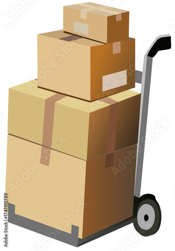 hand truck loaded with a stack of four boxes 