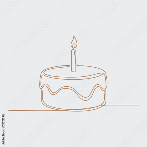 Elegant single-line drawing of a birthday cake with a lit candle on top, minimalistic style with clean lines and simple design