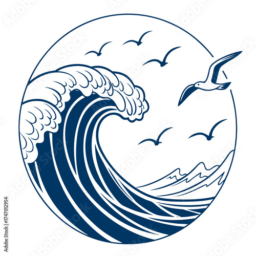 Dark blue wave and seagulls in circle ocean water