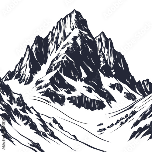 Dark Mountain Peaks Silhouette on White ridge range