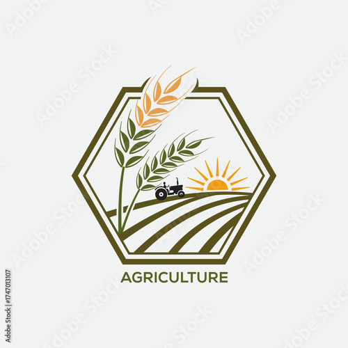 Agriculture logo, Hexagonal emblem featuring a tractor harvesting a field at sunrise
