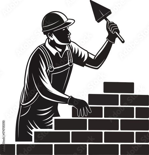Vector cartoon illustration of a silhouette of a businessman with a megaphone motivating a worker with a shovel
