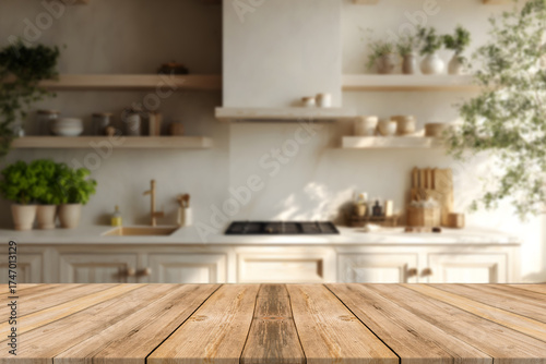 Wooden table top with blurred kitchen background.