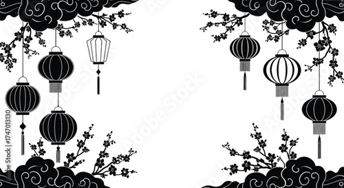 Elegant black and white lanterns with floral branches and swirling clouds