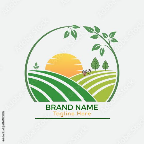 Hexagonal emblem featuring a tractor harvesting a field at sunrise