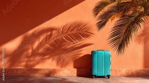 Turquoise suitcase casts shadow against orange wall with palm tree