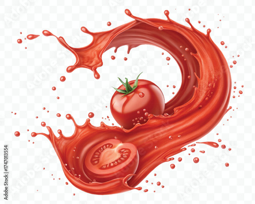 abstract 3d red tomato juice or ketchup sauce splashes in different style isolated on transparent background