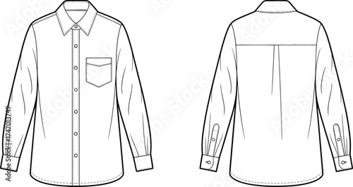 fashion, apparel, garment, clothing, shirt, blouse, top, buttonup, buttondown, illustration, sketch, vector, design, template, outline, pattern, textile, fabric, collar, pocket, cuffs