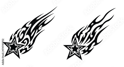 Two black tribal star tattoo designs with fiery wing like trails