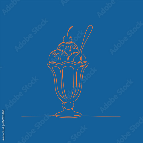 Elegant line drawing of a classic ice cream sundae in a tall glass with toppings and a cherry on top, on a solid