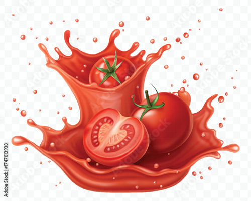 abstract 3d red tomato juice or ketchup sauce splashes in different style isolated on transparent background