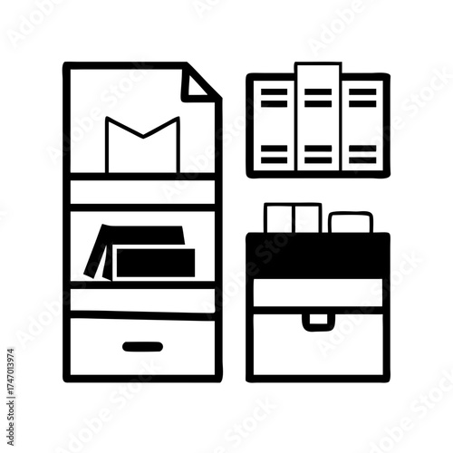 Illustration of a filing cabinet and a bookshelf