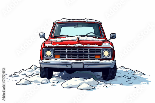 Red truck covered in snow, winter mood, parked in a snowy landscape, copy space
