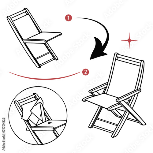 Folding chair unfolding and folding sequence illustration