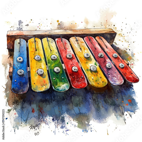Xylophone, watercolor painting vector, isolated on a white background.