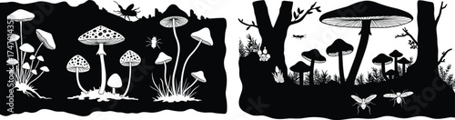 Mushroom insect forest illustration, black and white nature sketch, dual panel fungi drawing, botanical woodland art, entomology print