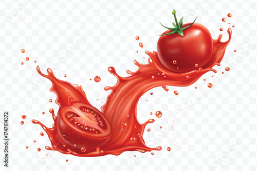 abstract 3d red tomato juice or ketchup sauce splashes in different style isolated on transparent background