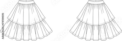fashion, apparel, garment, clothing, skirt, layered, tiered, illustration, sketch, vector, design, template, outline, pattern, textile, fabric, flared, volume, silhouette, hem, feminine