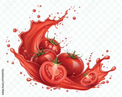 abstract 3d red tomato juice or ketchup sauce splashes in different style isolated on transparent background