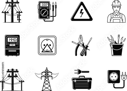 Electrical Work Icons – Vector Set of Power Towers, Multimeters, Safety Signs, Electricians, Tools, Outlets, Meters, and Maintenance Equipment for Utility Systems
