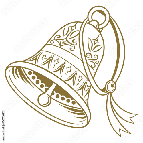 Golden sleigh bell with decorative pattern and ribbon