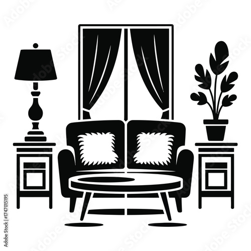 Black Silhouette of a Cozy Living Room Scene with Sofa and Window Keywords: living room, interior, furniture