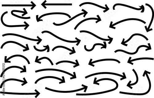 Collection of black curved and straight arrows pointing in various directions