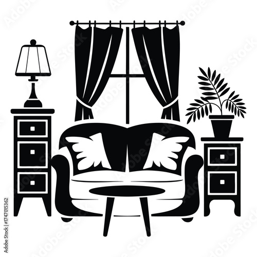 Black Silhouette of a Living Room Scene with Sofa and Window Keywords: living room, interior, furniture, sofa
