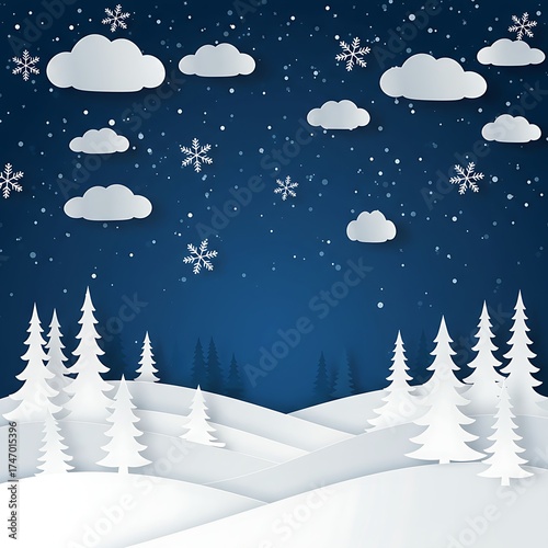Paper-cut design of a peaceful, snowy, evergreen forest at night, perfect for a holiday greeting