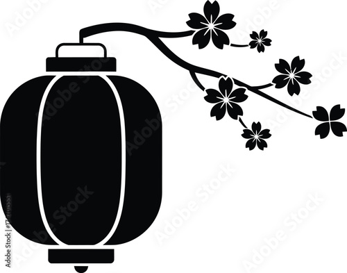 Japanese Lantern with Cherry Blossom Branch Silhouette Design