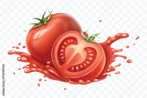 abstract 3d red tomato juice or ketchup sauce splashes in different style isolated on transparent background