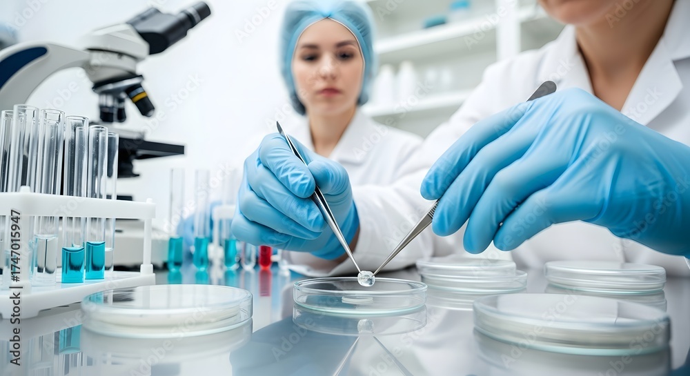 Fototapeta premium Medical research laboratory scene with scientists conducting experiments for innovative healthcare solutions